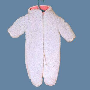 Weatherproof Sherpa Bunting Snowsuit 6/9M Soft Cozy Warm Cream with Pink Lining